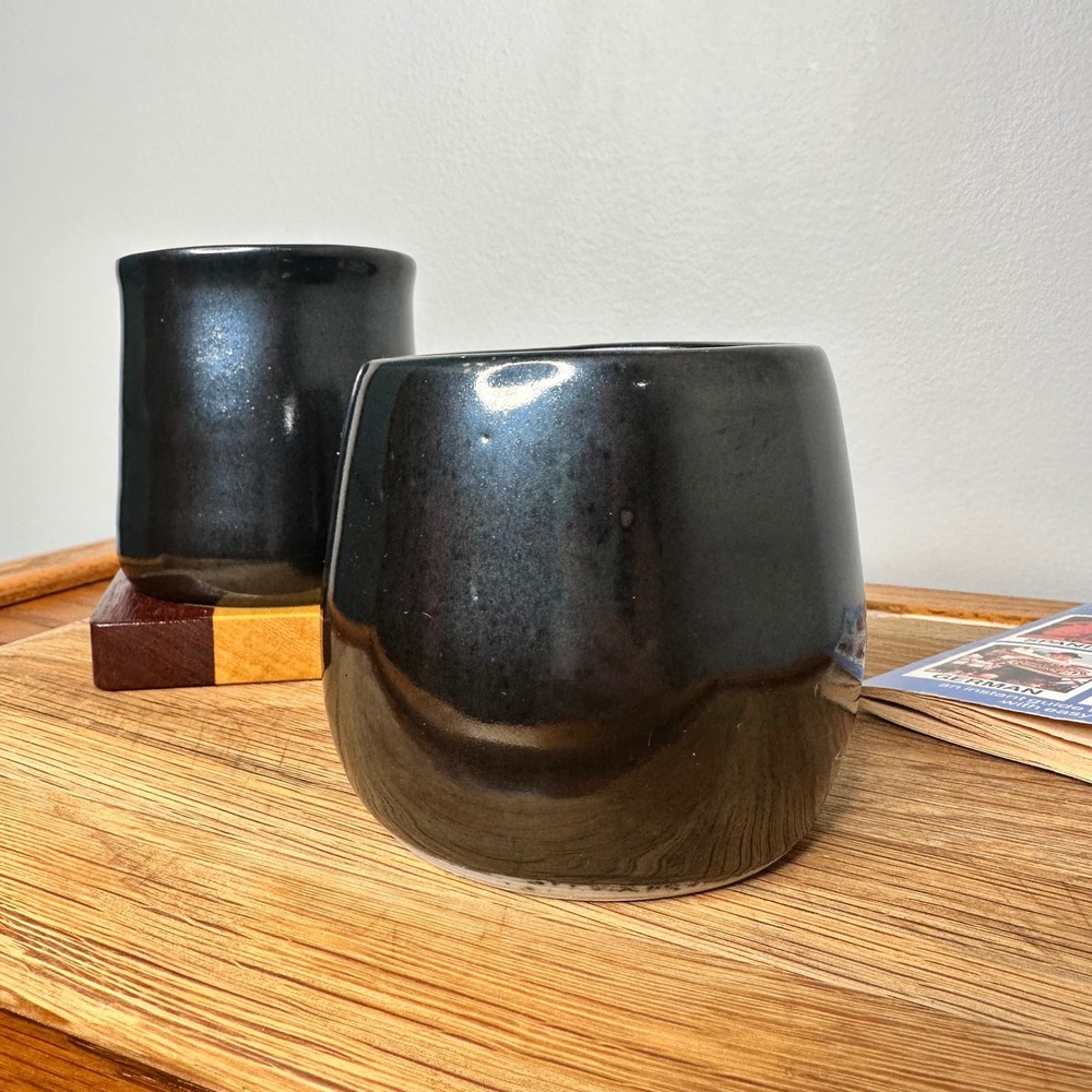 Studio Pottery Tumbler Pair Signed MW 2018 Black Tenmoku Glaze Yunomi Cups Set 2